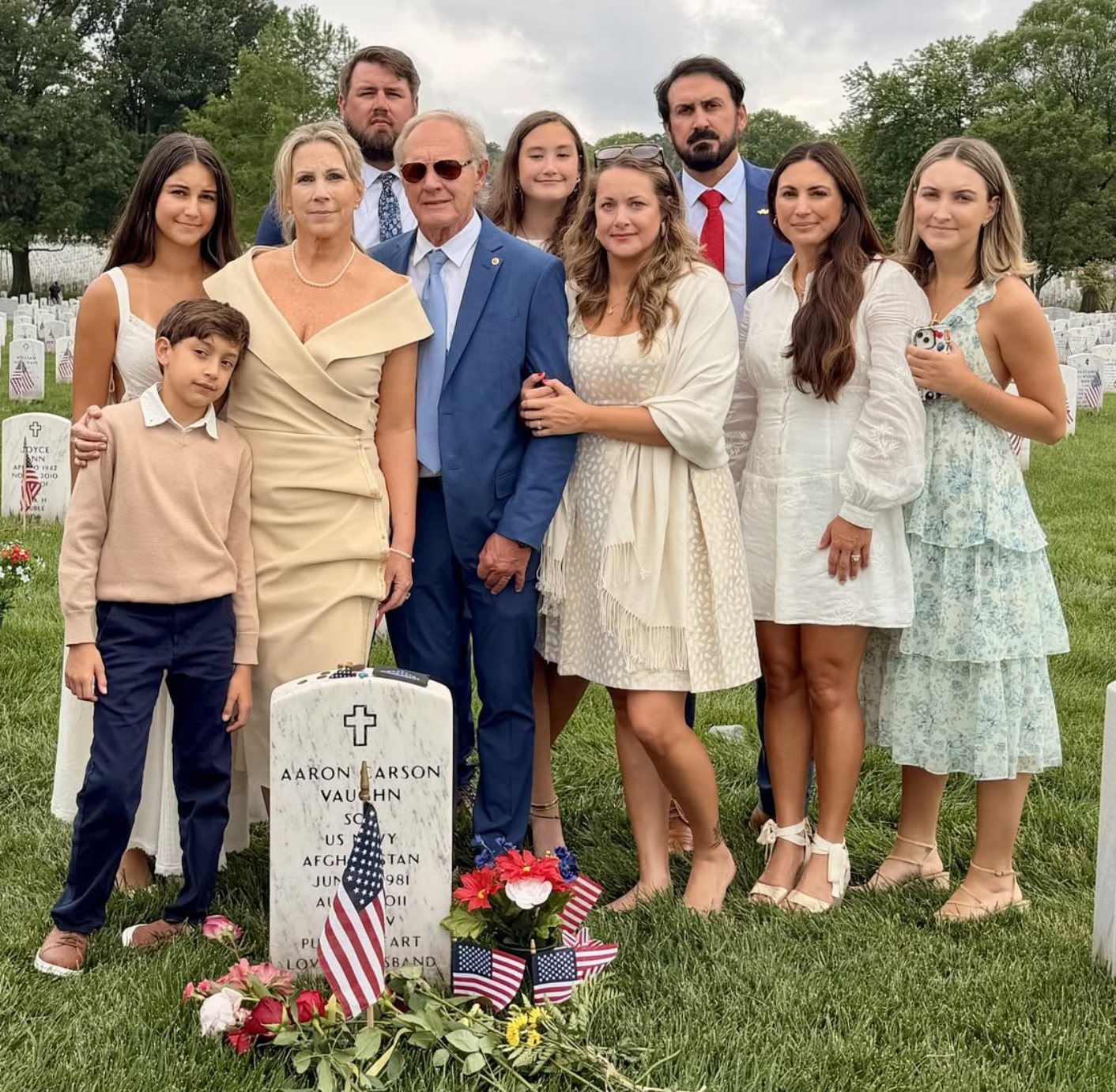 The Vaughn, Baldwin, and Pooler families gathered at Aaron Vaughn's headstone at Arlington National Cemetery.